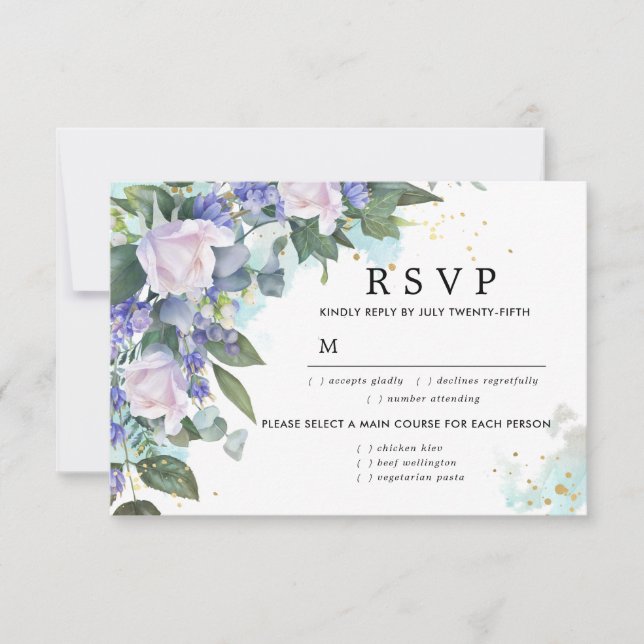 Blue White Floral Wedding RSVP Card, Meal Options (Front)