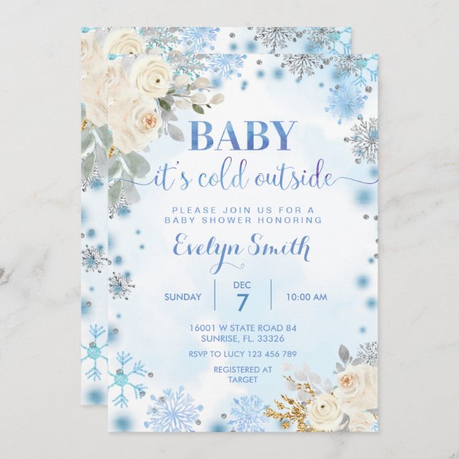 Blue & White Floral Winter Baby Shower Snowflake  Invitation (Front/Back)