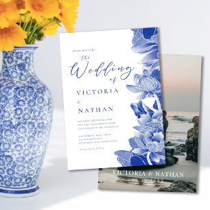 Blue & White Floral with Photo Chinoiserie Wedding Invitation
