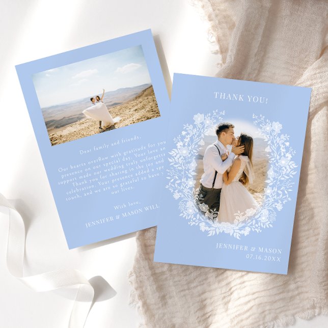 Blue white floral wreath boho Wedding Photo Thank You Card (Creator Uploaded)