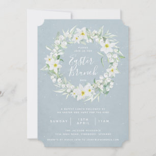 Blue + White Floral Wreath Easter Brunch Invitation
