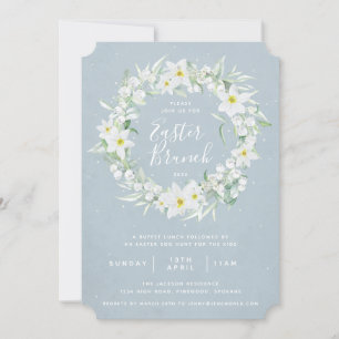 Blue + White Floral Wreath Easter Brunch Invitation