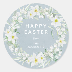 Blue + White Floral Wreath Easter Message Classic Round Sticker