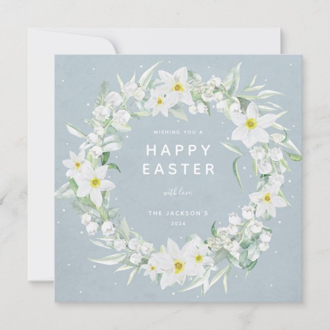 Blue + White Floral Wreath Happy Easter Flat Card (Front)