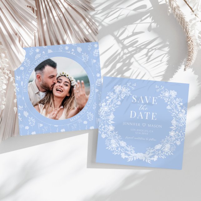 Blue white floral wreath Save the Date photo Card (Creator Uploaded)