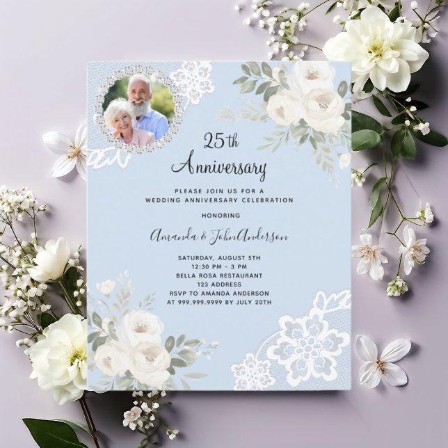 Blue white florals photo 25th wedding invitation (Creator Uploaded)