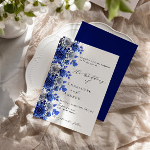 Blue white florals script luxury wedding invitation