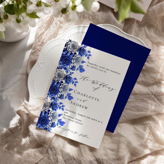 Blue white florals script luxury wedding invitation (Creator Uploaded)