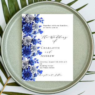 Blue white florals script wedding invitation postcard