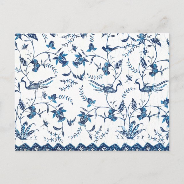 Blue White flower bird Indonesian sarong pattern Postcard (Front)