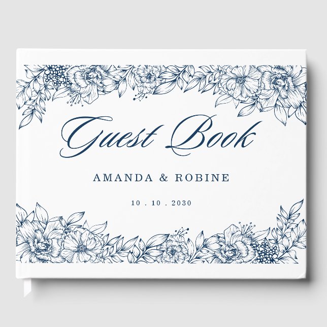 Blue White Flower Elegant Guest Book (Front)