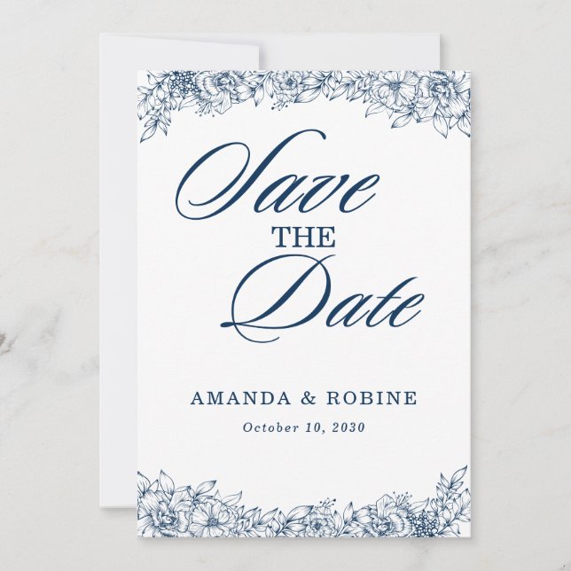 Blue White Flower Elegant Simple Save The Date (Front)