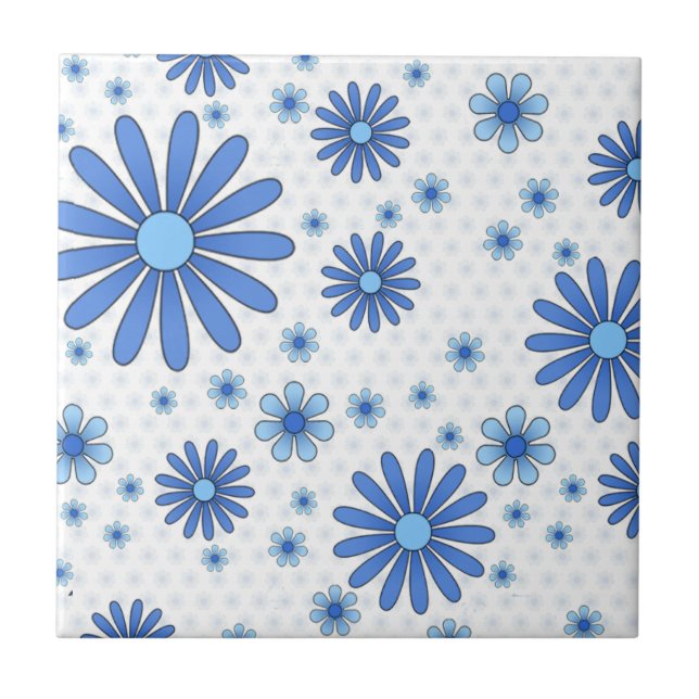 Blue & White Flower Power Retro Floral Ceramic Tile (Front)