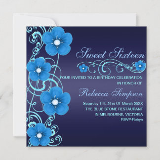 Blue/White Flower Swirl Sweet16 Birthday Invite