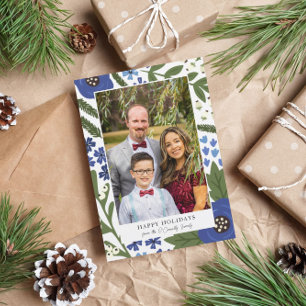 Blue White Flowers & Berries Happy Holidays Photo Holiday Card