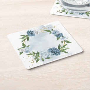 blue & white flowers botanical square paper coaster
