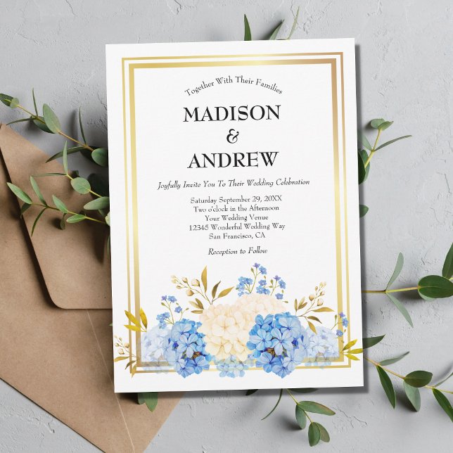 Blue White Flowers Gold Frame Elegant Wedding Invitation (Creator Uploaded)