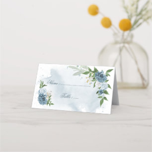 blue & white flowers green leaves  place card