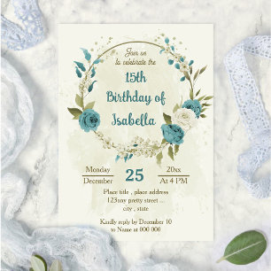 blue white flowers greenery birthday invitation