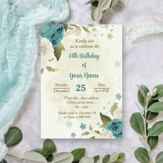 blue white flowers greenery birthday invitation (Creator Uploaded)