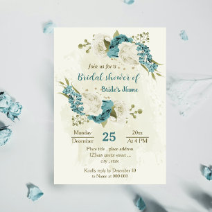blue white flowers greenery bridal shower invitation