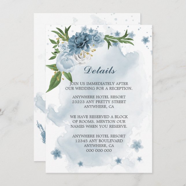 blue white flowers greenery details enclosure card (Front/Back)