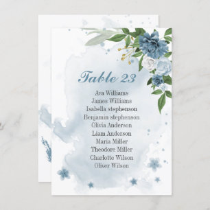 blue white flowers greenery seating chart card
