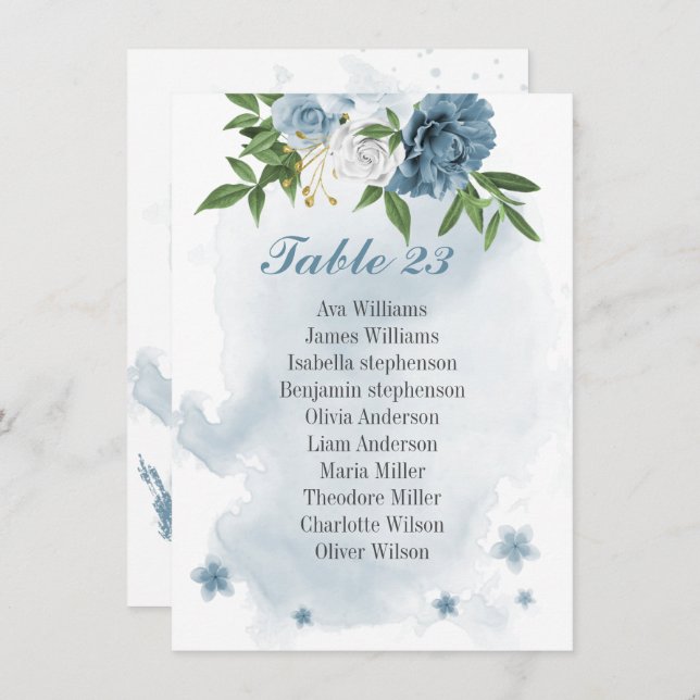 blue white flowers greenery seating chart card (Front/Back)