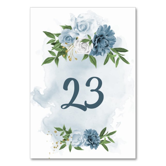 blue & white flowers greenery  table number (Front)
