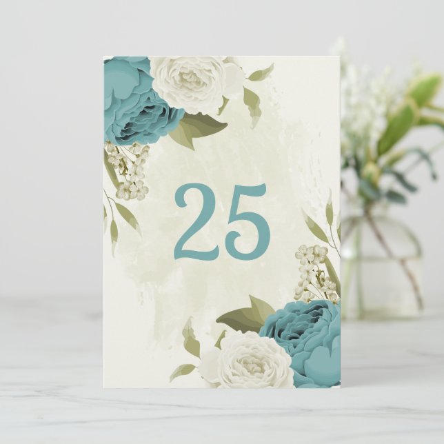 blue white flowers greenery table number card (Standing Front)