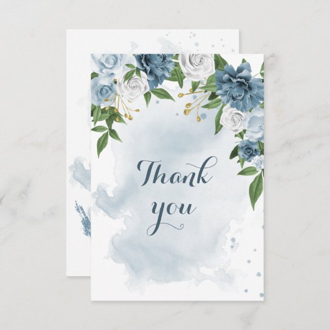 blue & white flowers greenery thank you card (Front/Back)