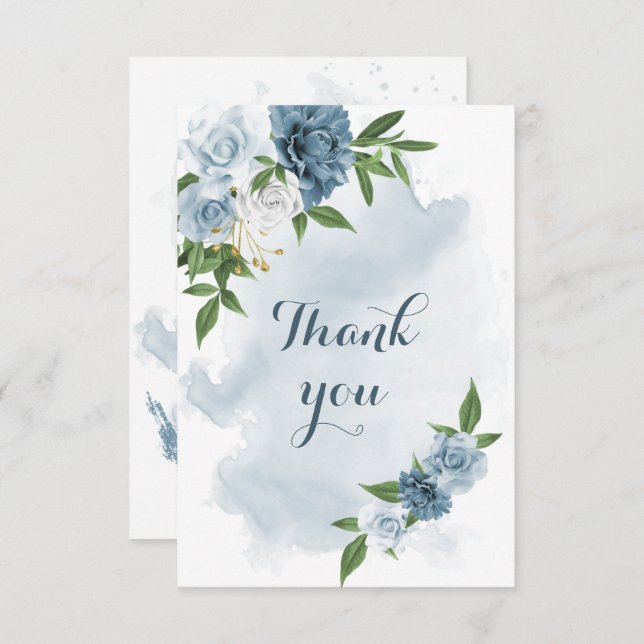 blue & white flowers greenery thank you card (Front/Back)