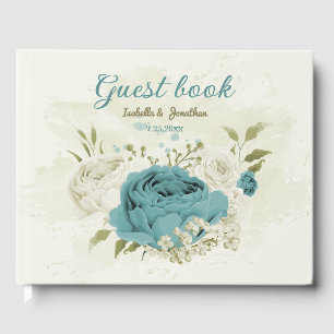 blue white flowers greenery wedding guest book