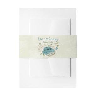 blue white flowers greenery wedding invitation belly band