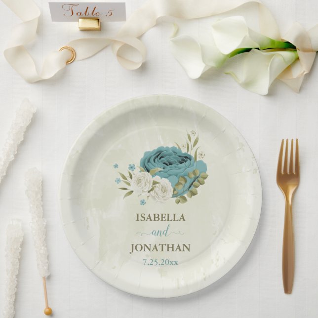 blue white flowers greenery wedding paper plate (Wedding)