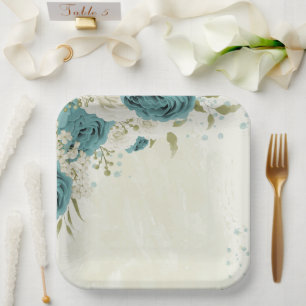 blue white flowers greenery wedding paper plate