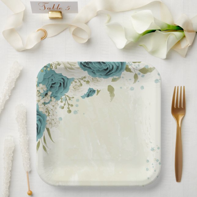 blue white flowers greenery wedding paper plate (Wedding)