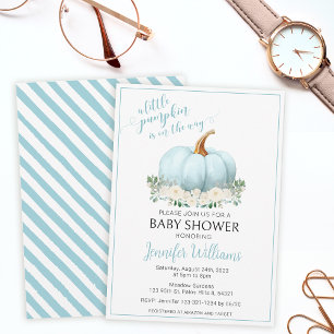 Blue white flowers little pumpkin baby boy shower invitation