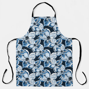 Blue, white flowers on a black background. Apron
