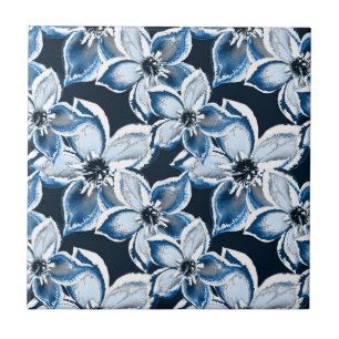 Blue, white flowers on a black background. Ceramic Tile