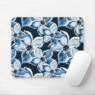 Blue, white flowers on a black background. Mouse Pad
