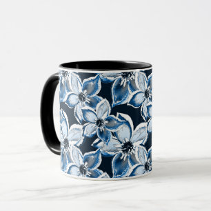  Blue, white flowers on a black background.  Mug