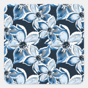 Blue, white flowers on a black background. Square Sticker
