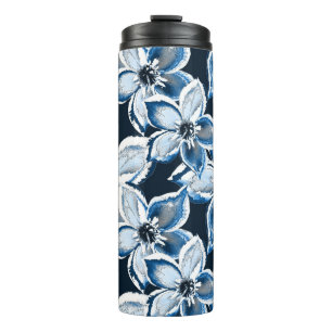 Blue, white flowers on a black background. Thermal Tumbler