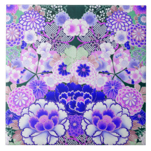 BLUE WHITE FLOWERS Peony,Roses Japanese Floral  Ceramic Tile