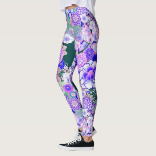 BLUE WHITE FLOWERS Peony,Roses Japanese Floral Leggings