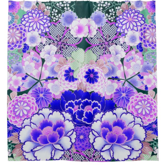 BLUE WHITE FLOWERS Peony,Roses Japanese Floral Shower Curtain (Front)