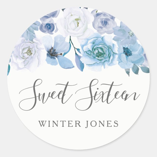 Blue White Flowers Sweet 16 Party Favour Seal (Front)