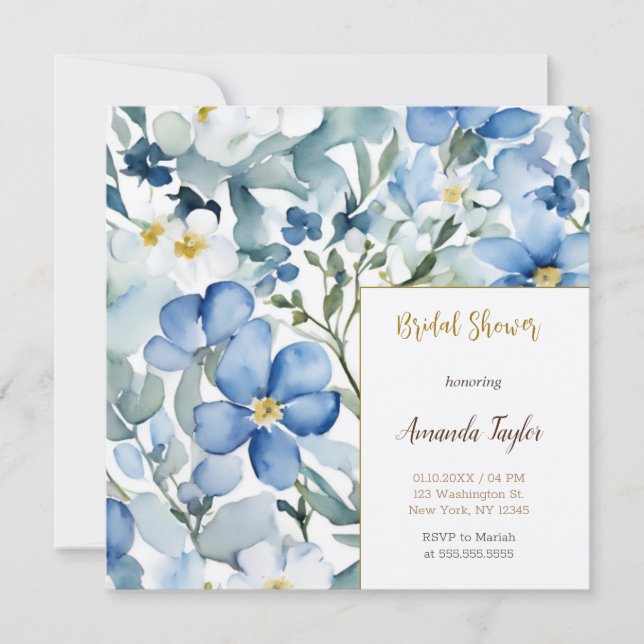 Blue White Flowers Watercolor Chic Bridal Shower Invitation (Front)