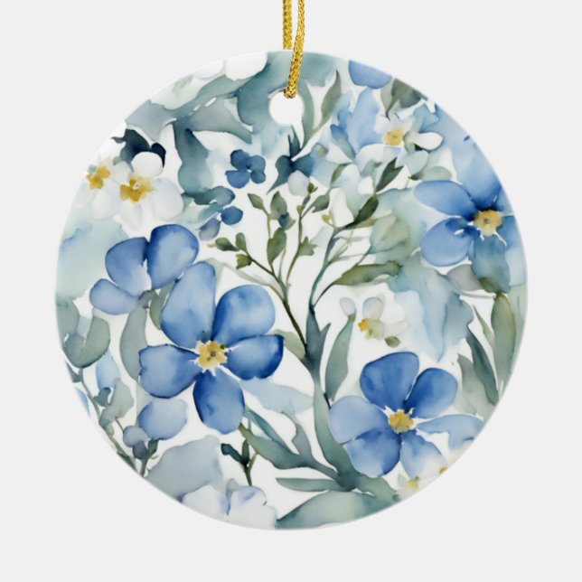 Blue White Flowers Watercolor Chic Ceramic Ornament (Front)